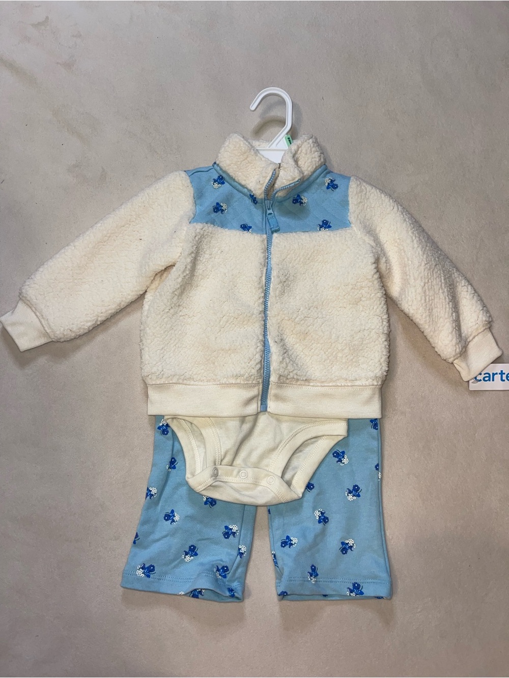 Carter's Cream and Light Blue Sherpa Jacket & Floral Pant Set